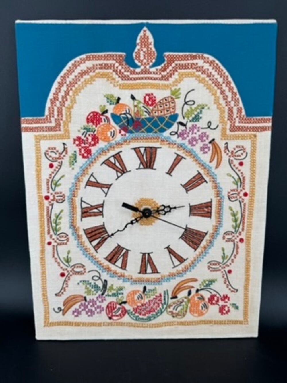 Vintage 1970s Cross Stitch Fruit Wall Clock Kit Finished Needlework 16.5"